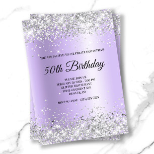 Convites Silver Glitter Lavanda Satin Foil 50º Aniversário