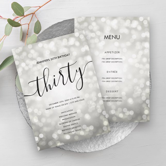 Convites Silver Glitter Lights 30 Birthday Menu Program (Silver Glitter Lights 30 Birthday Menu Program)