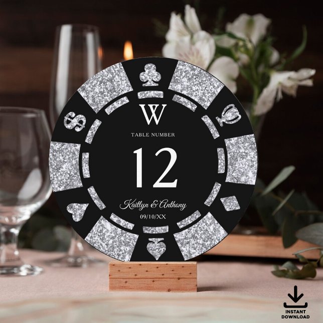 Convites Silver Glitter Monogram Poker Chip Casino Wedding (Criador carregado)