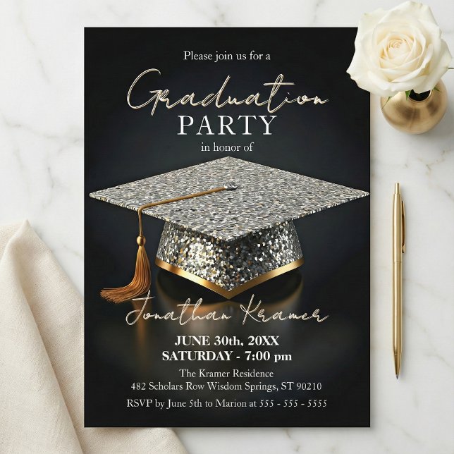 Convites Silver Glitter Mosaic Black Gold Graduation Party (Criador carregado)