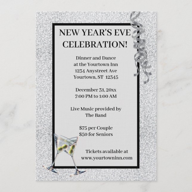 Convites Silver Glitter New Year's Eve Party (Frente)