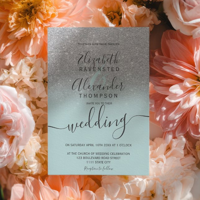Convites Silver glitter ombre sage green script wedding (Silver glitter ombre sage green script wedding invitation)