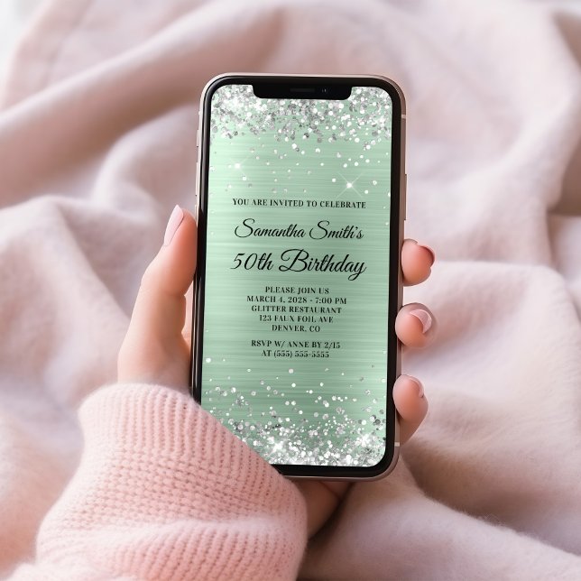 Convites Silver Glitter Pale Mint Foil 50º Aniversário (Silver Glitter Pale Mint Foil 50th Birthday Invitation)