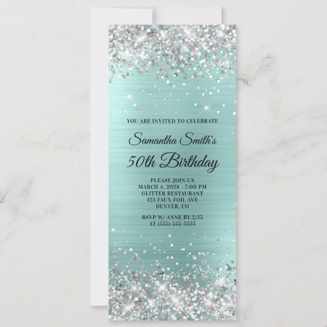 Convites Silver Glitter Pale Turquoise Foil 50º Aniversário (Frente)