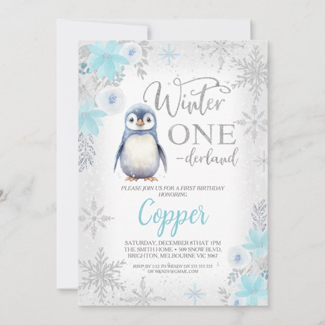 Convites Silver Glitter Penguin Winter Onederland Birthday (Frente)