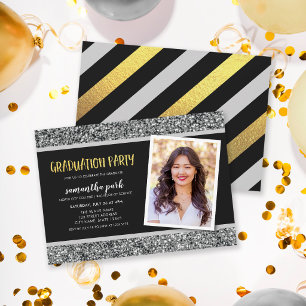 Convites Silver Glitter Photo Graduation Party Invitation