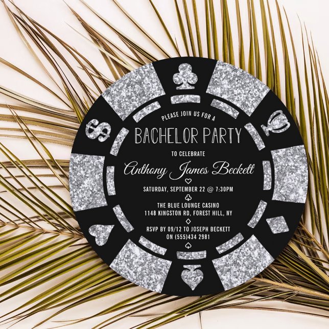 Convites Silver Glitter Poker Chip Las Vegas Bachelor Party (Criador carregado)