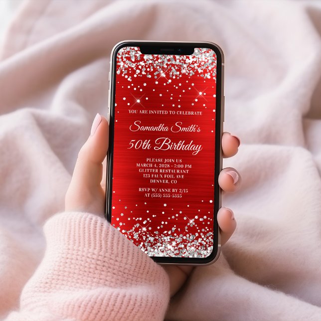 Convites Silver Glitter Red Foil 50º Aniversário (Silver Glitter Red Foil 50th Birthday Invitation)