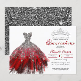 Convites Silver Glitter Red Gown Elegante Quinceañera
