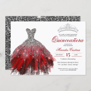 Convites Silver Glitter Red Gown Elegante Quinceañera