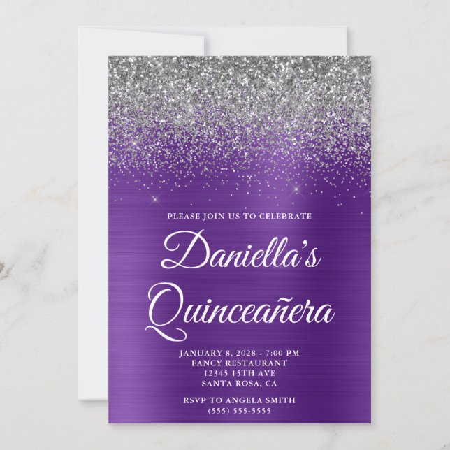 Convites Silver Glitter Roxo Real Quinceañera (Frente)