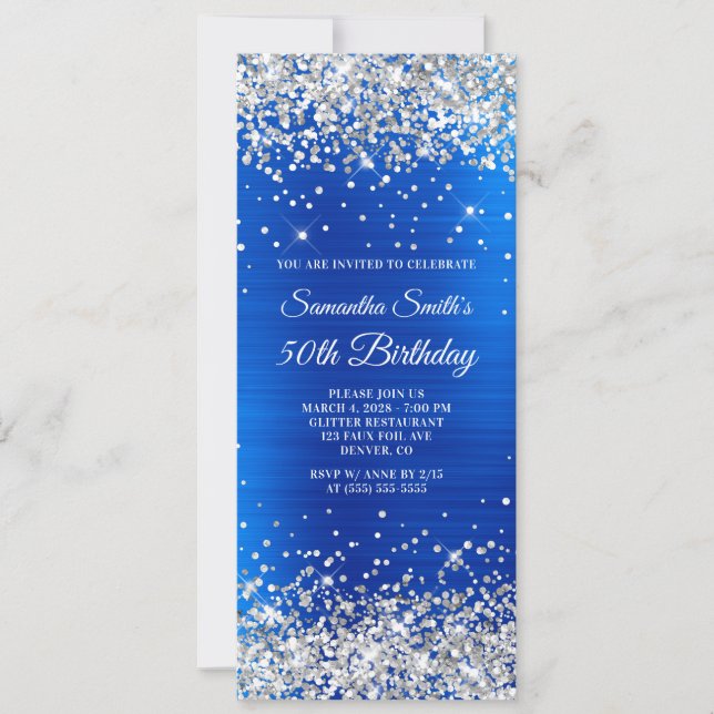 Convites Silver Glitter Royal Blue Foil 50º Aniversário (Frente)
