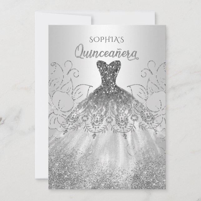 Convites Silver Glitter Sparkle Dress Quinceañera Quince (Frente)