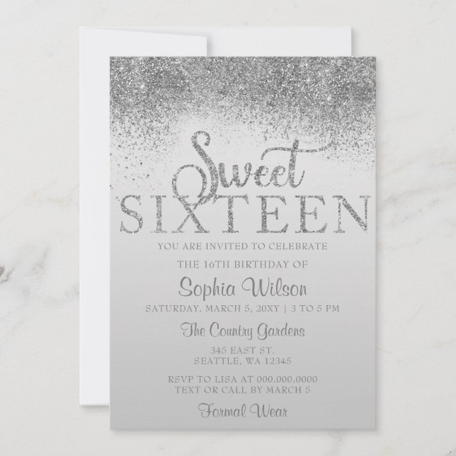 Convites Silver Glitter Sparkle Sweet 16 Aniversário (Frente)