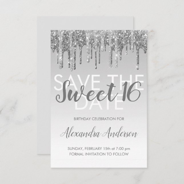 Convites Silver Glitter Sweet 16 Salve a data (Frente/Verso)