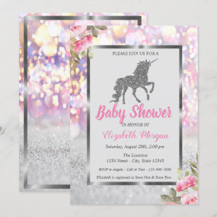 Convites Silver Glitter Unicorn Bokeh,Chá de fraldas Flora