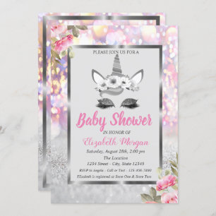 Convites Silver Glitter Unicorn,Chá de fraldas Floral Boeh