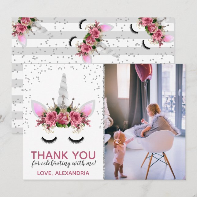 Convites Silver Glitter Unicorn Princesa Obrigado (Frente/Verso)