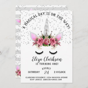 Convites Silver Glitter Unicorn Princess Birthday