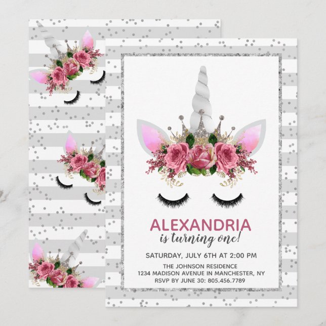 Convites Silver Glitter Unicorn Princess Birthday (Frente/Verso)