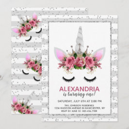 Convites Silver Glitter Unicorn Princess Birthday