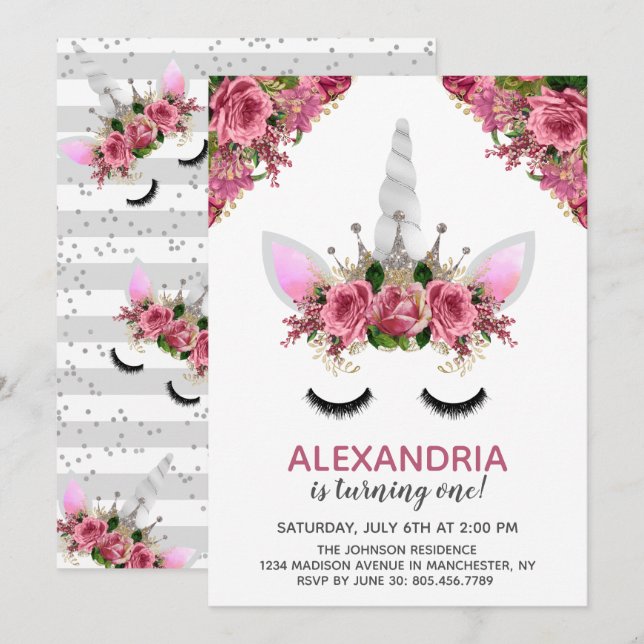 Convites Silver Glitter Unicorn Princess Birthday (Frente/Verso)