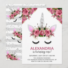 Convites Silver Glitter Unicorn Princess Birthday
