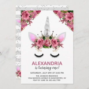 Convites Silver Glitter Unicorn Princess Birthday