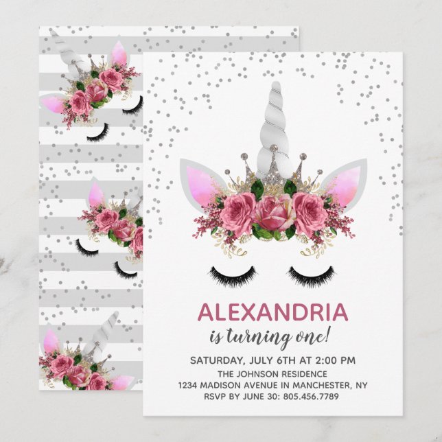 Convites Silver Glitter Unicorn Princess Birthday (Frente/Verso)