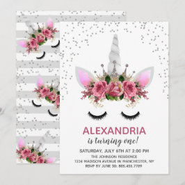 Convites Silver Glitter Unicorn Princess Birthday