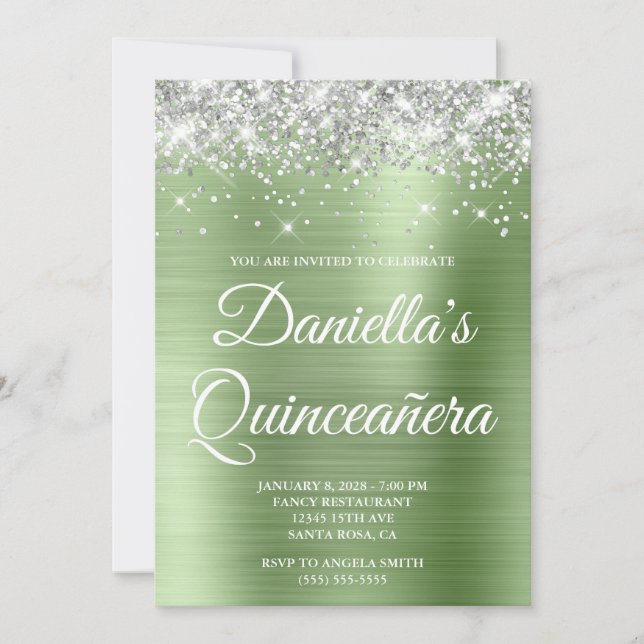 Convites Silver Glitter Verde Leve Quinceañera (Frente)
