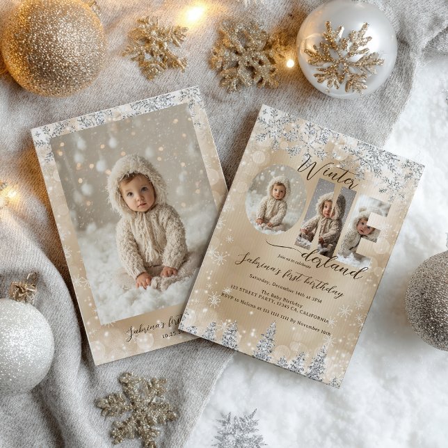 Convites Silver Gold Winter ONEderland Photo First Birthday (Silver Gold Winter ONEderland Photo First Birthday Invitation)