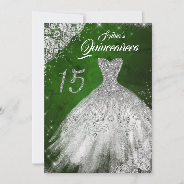 Convites Silver Green Lace Diamond Gown Quinceanera (Frente)