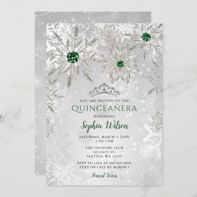 Convites Silver Green Snowflake Princesa Tiara Quinceañera (Frente/Verso)