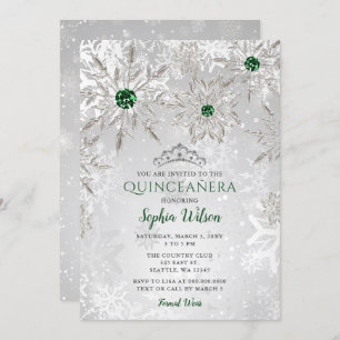 Convites Silver Green Snowflake Princesa Tiara Quinceañera
