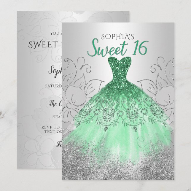 Convites Silver Green Sparkle Dress 16 anos (Frente/Verso)