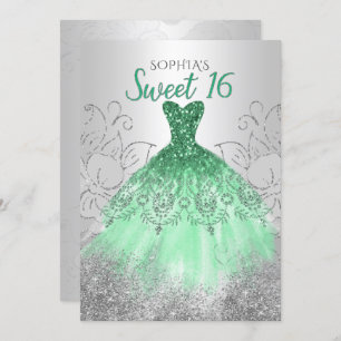 Convites Silver Green Sparkle Dress 16 anos
