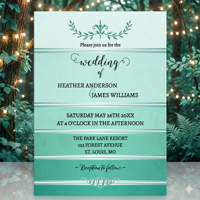 Convites Silver Green Striped Tone on Tone Wedding (Wedding invitation featuring a painted striped design in tone on tone green with a silver lining)