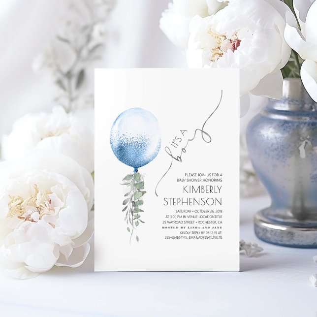 Convites Silver Greenery e Blue Balloon Chá de fraldas Invi (It's a Boy! Silver and Blue Baby Shower Invitations)