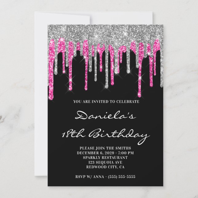Convites Silver Hot Pink Glitter Drips Black 18th Birthday (Frente)