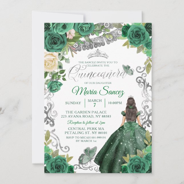 Convites Silver Hunter Green Mexicano Floral Quinceañera (Frente)