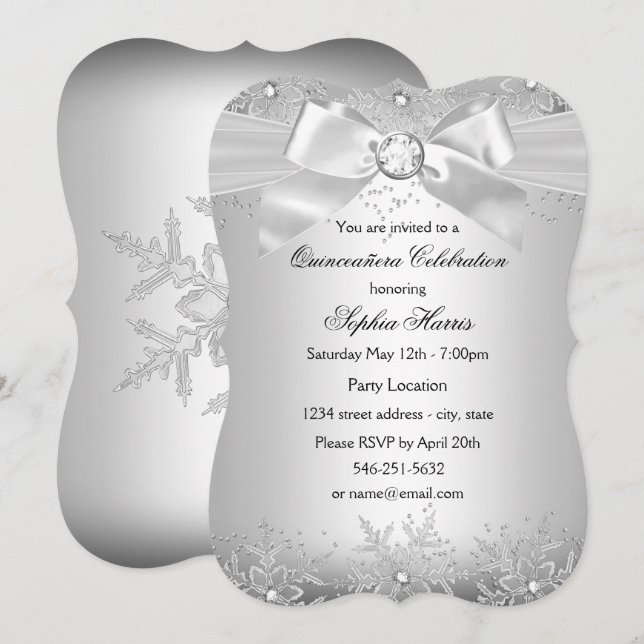 Convites Silver Jewel Arco Snowflake Quinceanera (Frente/Verso)