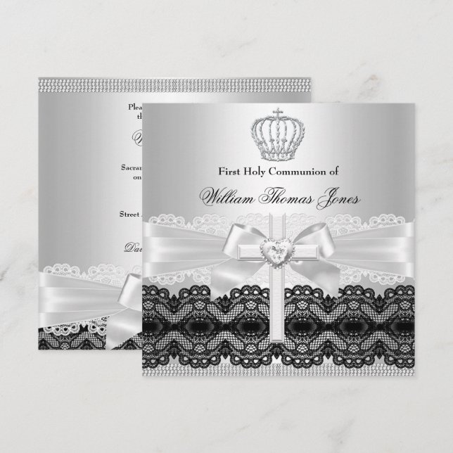 Convites Silver Jewel Cross Boy Primeira Comunhão Santa (Frente/Verso)