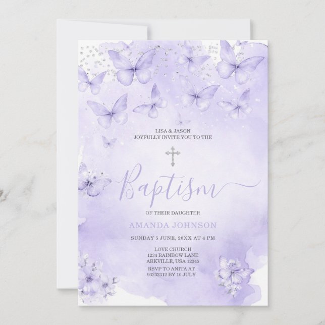 Convites Silver Lavender Butterfly Baptism Purple (Frente)