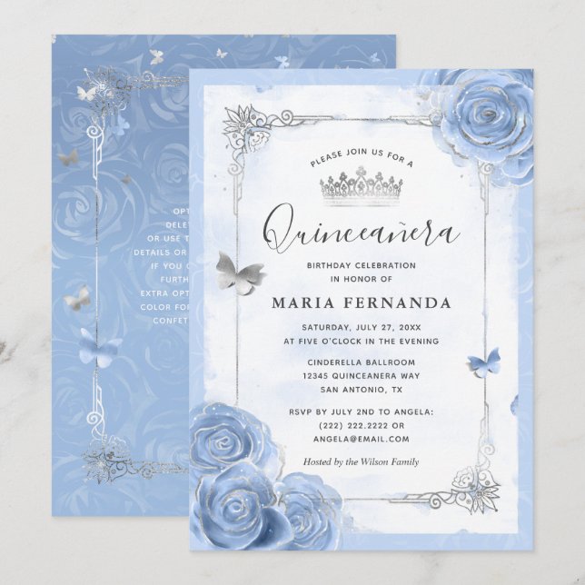 Convites Silver Light Baby Blue Rosas Elegante Quinceanera (Frente/Verso)
