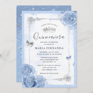 Convites Silver Light Baby Blue Rosas Elegante Quinceanera