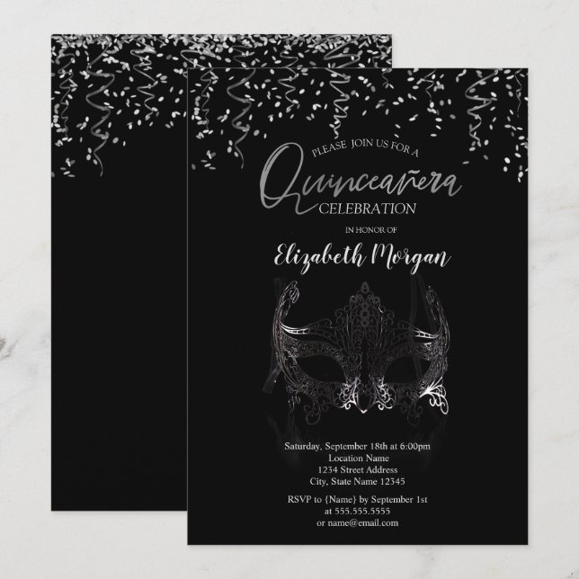 Convites Silver Masque, Confetti Mascarada Quinceañera (Frente/Verso)