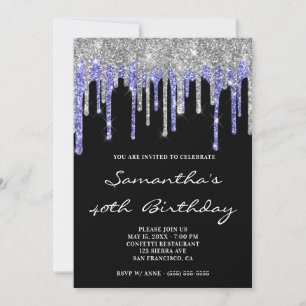 Convites Silver Midnight Blue Glitter Drives Black Birthday