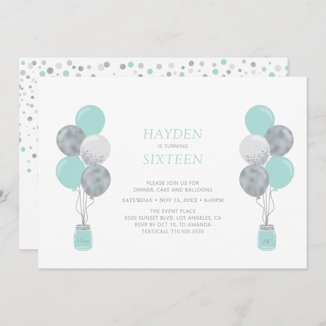 Convites Silver & Mint Balloon Doce Dezesseis Festas de ani (Frente/Verso)