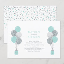 Silver & Mint Balloon Doce Dezesseis Festas de ani